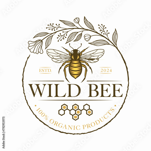 Hand Drawn Honey Bee with Flowers Logo Vector Illustration
