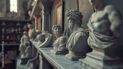 Collection of antique statues in the museum's storeroom