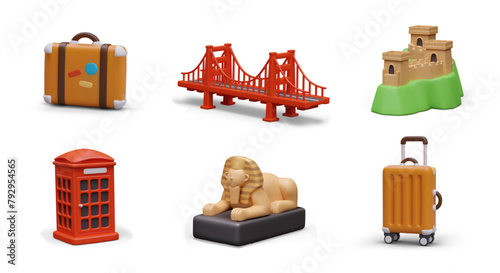 Set of travel icons on white background. 3D vector