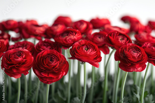 A bouquet of red ranunculus flowers  with delicate petals and dew drops on them  against the background of a white wall. Created with Ai