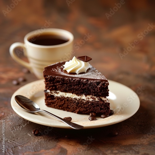 Una pequeña y deliciosa rebanada de pastel de chocolate con crema,junto una taza de café photo
