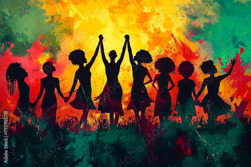 Juneteenth freedom day. The women hold hands and lift them up. Emancipation Day or Black Independence Day. African-American annual holiday, June 19. Copy space.