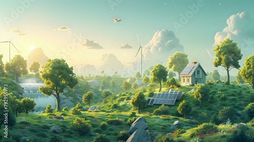 Green Energy Illustration: Hydroelectric Dam, Wind Turbines, and Solar Panels photo