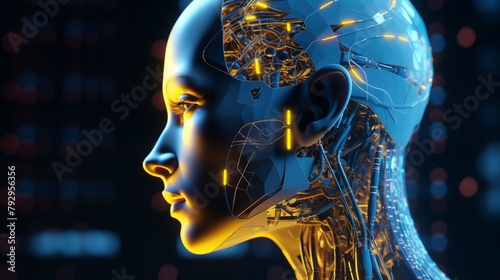 Side view of a humanoid head with blue and yellow eyes and vibrant neon neural network, representing futuristic technology and artificial intelligence.