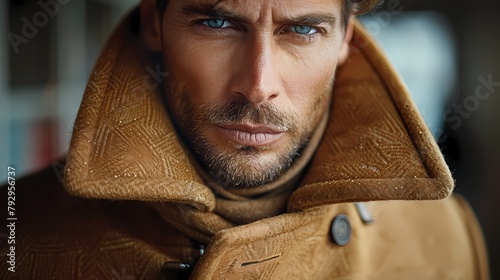 A camel-colored cashmere topcoat with a notched lapel, exuding refined style and luxury photo
