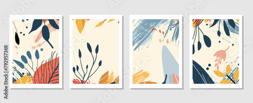 set of abstract vector backgrounds featuring tropical leaves. Hand-drawn textures suitable for wall decoration, postcard designs, or brochure covers.