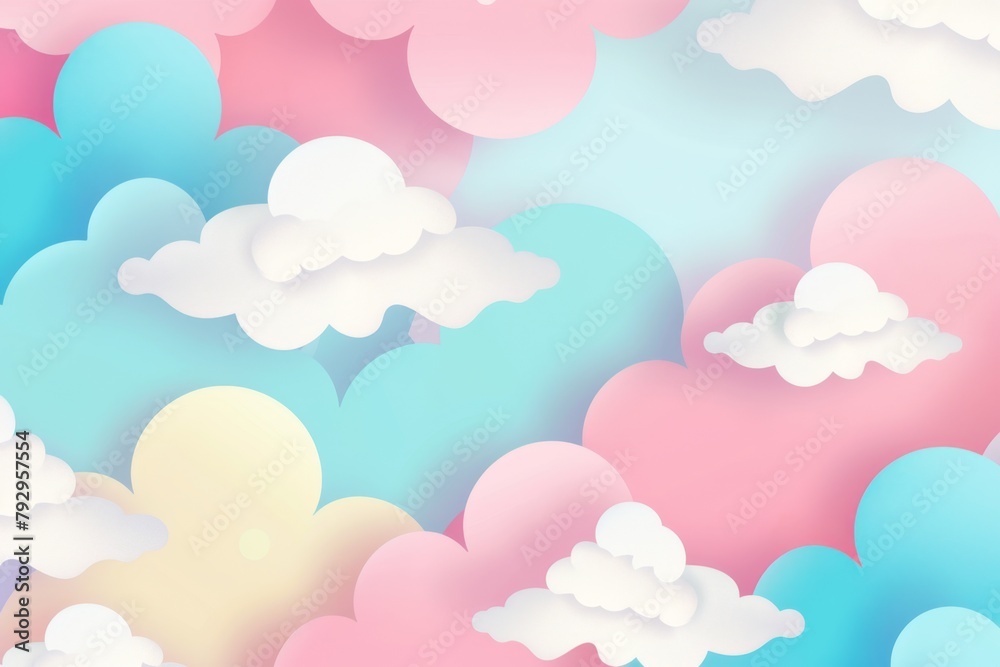 Cute pastel background with pink, blue and white clouds cartoon design for kids or baby room decoration, wallpaper Generative AI