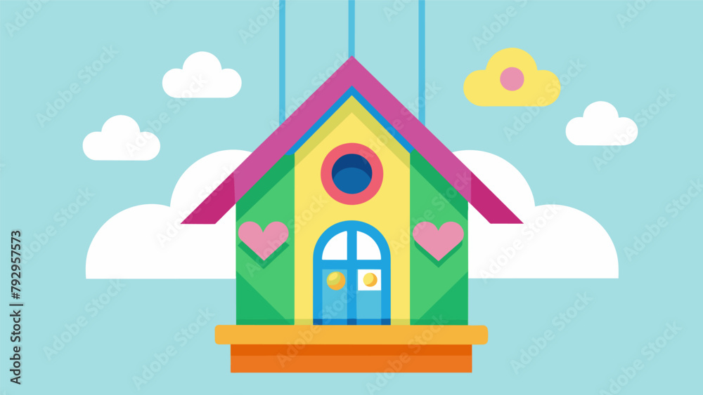 Fototapeta premium A brightly colored birdhouse complete with intricate window and door details hangs in a childs bedroom. It was the first DIY project that they