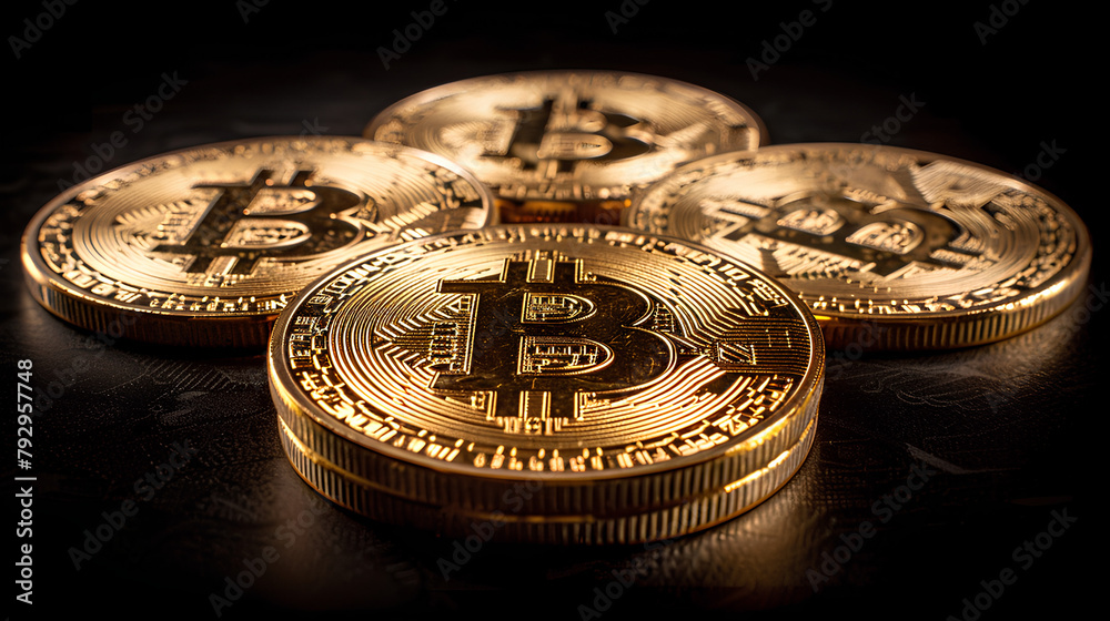 
Bitcoin crypto currency gold coins logo as digital cryptocurrency symbol stock financial exchange business market trade