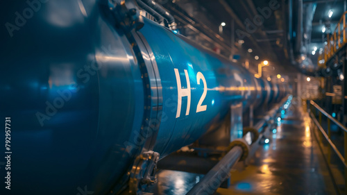 H2 Wasserstoff Pipeline in Blau, ai generativ photo