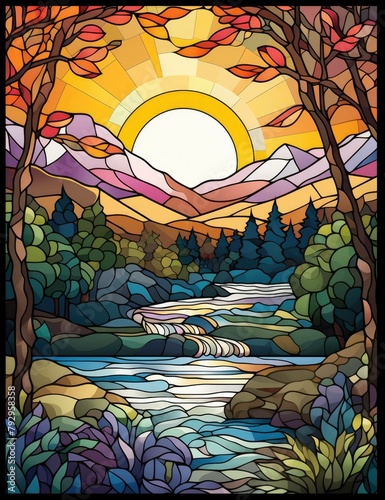 Wallpaper Mural Stained Glass Style Cartoon Illustration of Sunlit Autumn Landscape for Children's Storybooks Torontodigital.ca