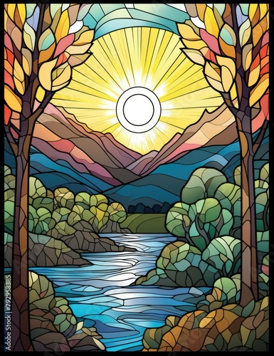 Wallpaper Mural Stained Glass Style Cartoon Illustration of Sunlit Autumn Landscape for Children's Storybooks Torontodigital.ca