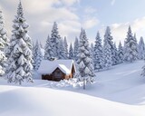 A winter scene with snow-covered trees and a small cabin, ideal for holiday seasons and peaceful winter landscapes, super realistic