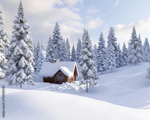 A winter scene with snow-covered trees and a small cabin, ideal for holiday seasons and peaceful winter landscapes, super realistic © Sirisook