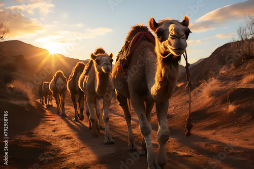 Brown camels walking in line in desert during the sunset time gold. Mountains and yellow evening sky in the background. Camelidae are highly tolerant animals. It can live in remote places.	
 photo