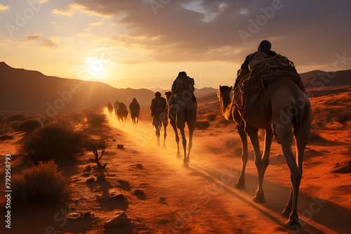 Brown camels walking in line in desert during the sunset time gold. Mountains and yellow evening sky in the background. Camelidae are highly tolerant animals. It can live in remote places.	 photo
