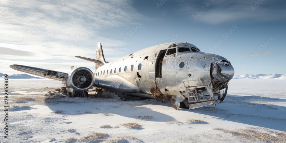 The aftermath of a snowstorm reveals the wreckage of a plane, a solemn scene marked by the forces of nature and the fragility of flight. The aftermath of a snowstorm reveals the wreckage of a plane, a solemn scene marked by the forces of nature and the fragility of flight.