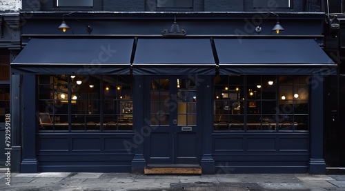 Facade of a pub with dark blue doors and black windows.