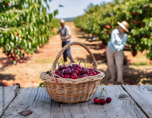 Close-up of a basket full of freshly picked cherries. Blurred background of people picking in an cherry grove. photo