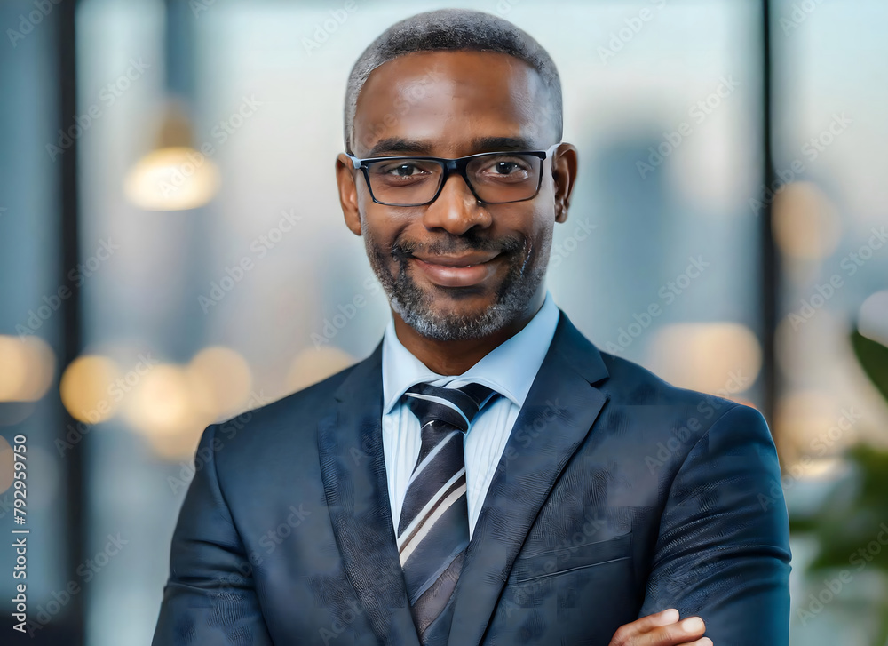 Fototapeta premium Close-up of a handsome, confident African man wearing a suit and tie and spectacles. He poses in an elegant blurred office.