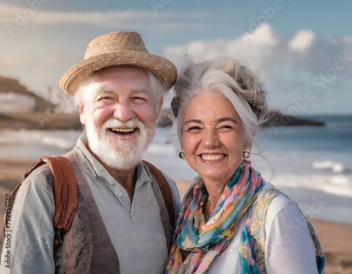 A pair of smiling elderly travellers pose on a beach. Both have white hair.