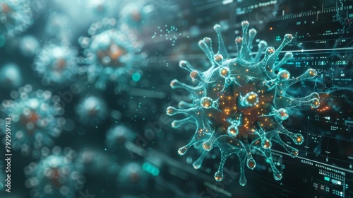 Graphic of low poly virus with medical technology interface showing virus scan or covid-19 analysis