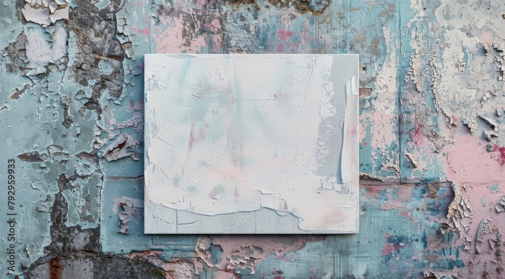 Naklejka premium Old white paper on blue and pink wall with peeling paint. Mockup for advertising banners