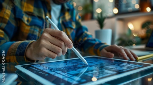 Architect working with stylus on electronic tablet