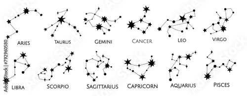 Constellation Vector illustration. Zodiac sign. Black and white stars. Line art tattoo, Spirituality, magic