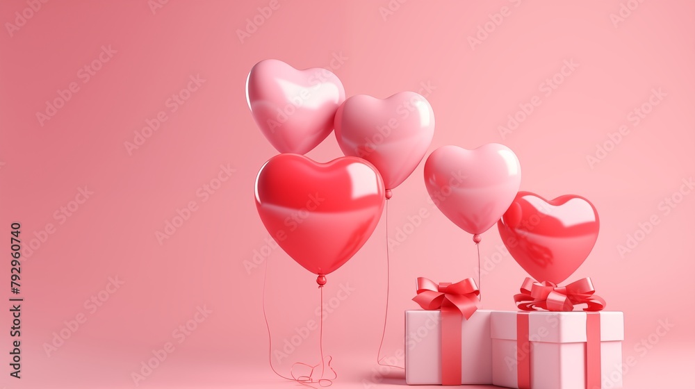 valentines day concept 3D heart shaped balloons flying with gift boxes on pink background. Love concept for Happy Mother's Day. Valentine's Day.