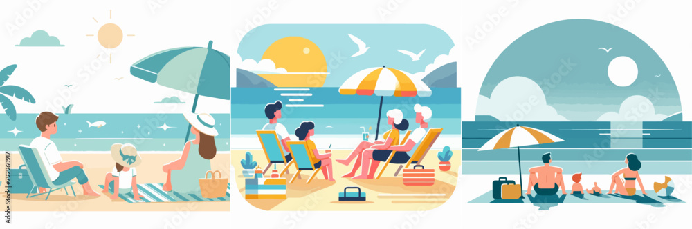 The family is relaxing on the beach with a simple and minimalist flat design style