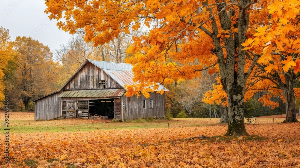 An old wooden barn stands surrounded by the vibrant orange of autumn leaves, capturing the essence of the fall season in the countryside.
