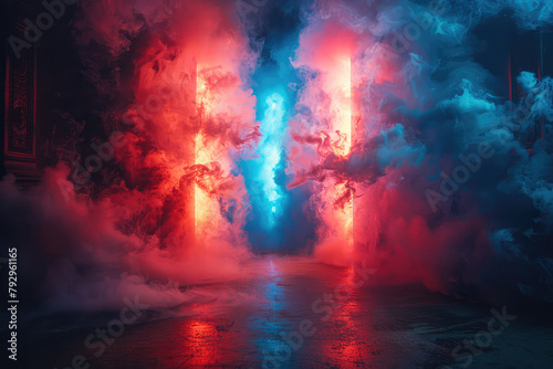Red and blue neon lights  smoke filled a room with a dark environment  a lava river flowed from the sky to sea level. Created with Ai