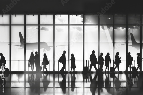 People traveling on airport silhouettes. Silhouettes of business people traveling on airport; waiting at the plane boarding gates.