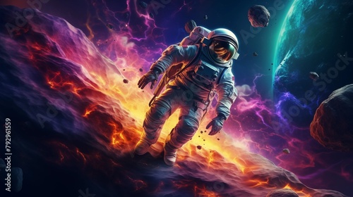 Vivid colorful illustrations of astronaut in space. Cosmos of galaxie.