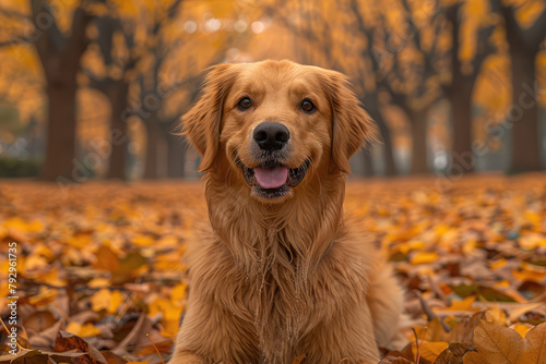 A happy Golden Retriever dog sitting in the park on an autumn day, surrounded by fallen leaves and trees with orange foliage. Created with Ai