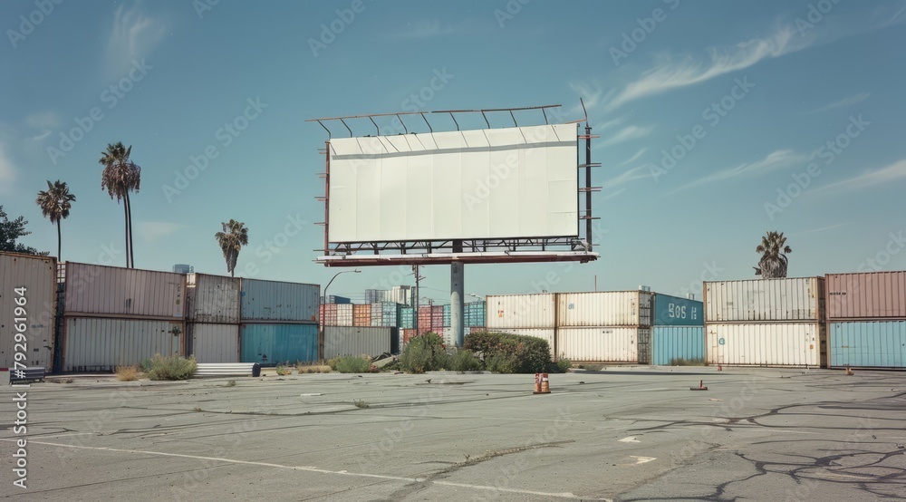Naklejka premium Large blank billboard for advertisement in a container yard with blue sky.