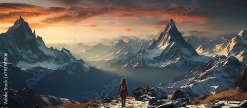 Woman hiker on the top of a mountain in the Himalayas