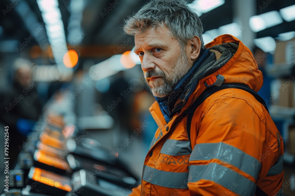 A mature man in orange high-visibility workwear is in focus with a serious expression A mature man in orange high-visibility workwear is in focus with a serious expression
