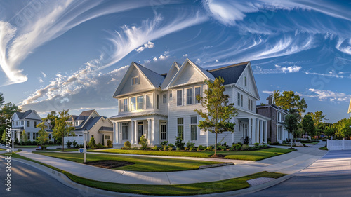 Panoramic street view of an elegant eggshell white house with siding, its grandeur magnified by the surrounding suburban greenery under a blue sky. photo
