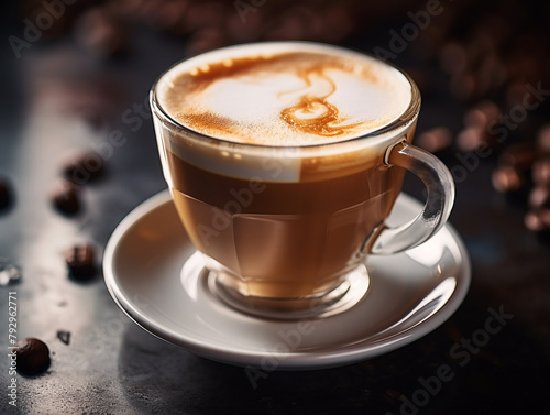 White cappuccino cup on a neutral background with a whipped milk pattern.