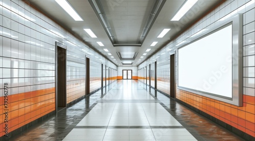 Empty corridor with blank billboard in modern subway. Poster mockup
