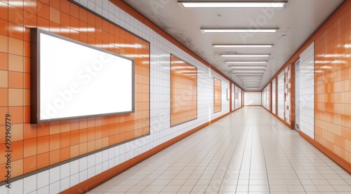 Underground corridor with blank billboard in orange color. Poster mockup © Oleg