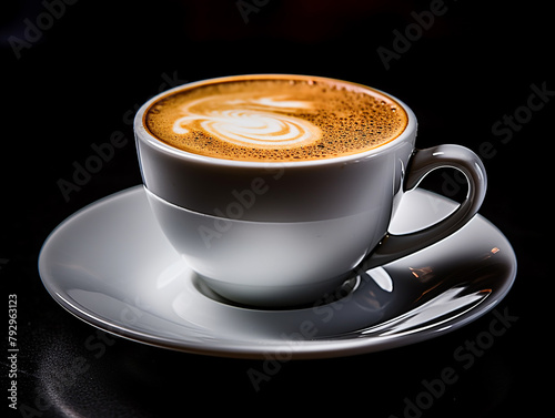 White cappuccino cup on a neutral background with a whipped milk pattern.