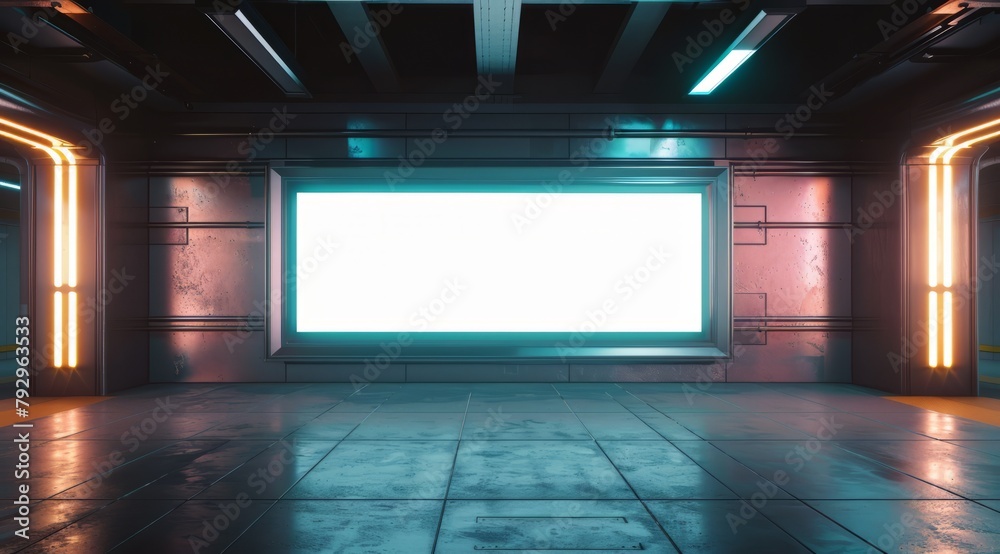 Blank billboard in an empty subway station with neon lights Blank billboard in an empty subway station with neon lights