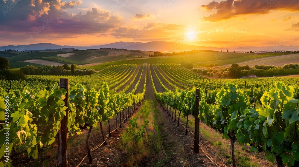 Lush Tuscany Grapevines Basking in Radiant Sunset Glow