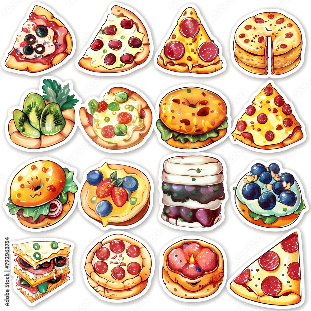 A collection of pizza and dessert stickers, including a slice of pizza, a donut A collection of pizza and dessert stickers, including a slice of pizza, a donut