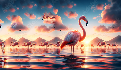 Flamingo on the beach at sunset Generative AI