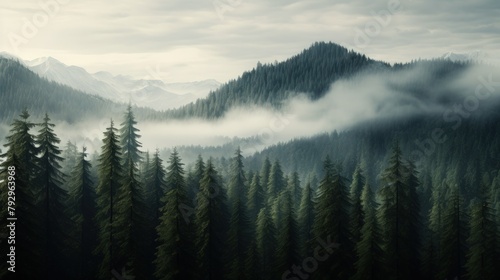Foggy mountain landscape with coniferous forest. Panorama photo