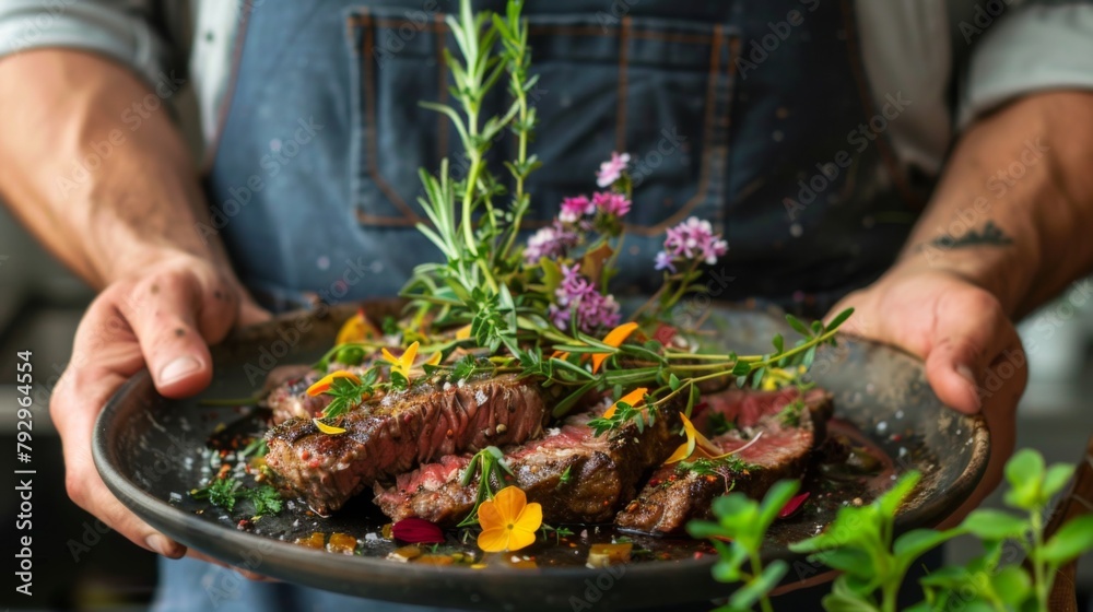 A chef presenting a gourmet steak dish garnished with fresh herbs and edible flowers